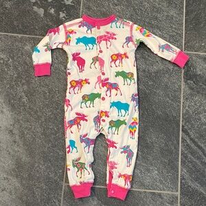 Little Blue House: Colorful Moose Print Kids One-Piece - Pink Trim